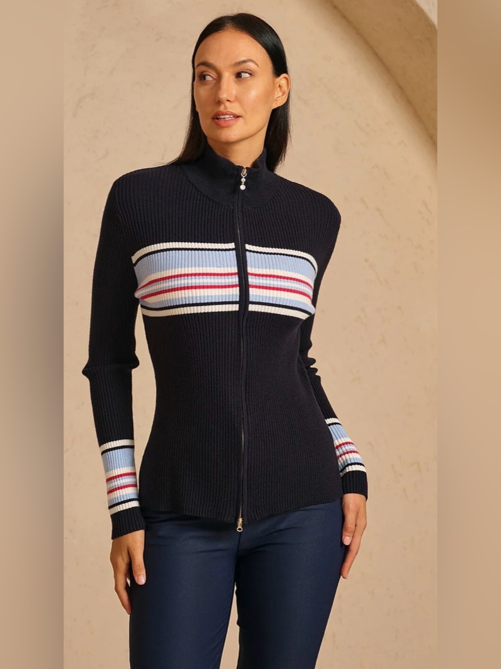 NWOT Acegolfs Navy Striped Double- Zip Cardigan